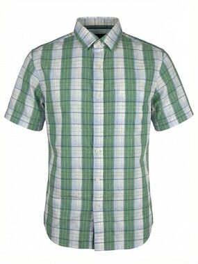 Banana Republic Men Green Blue Plaid Small Stretch Cotton Short Sleeve Shirt